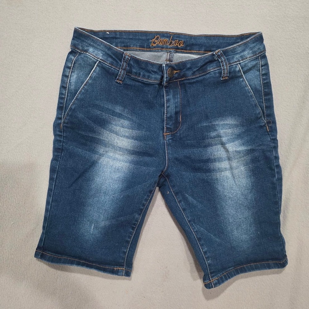Bamboo Denim Bermuda Shorts Dark Wash Whiskered Stretch Jean Shorts Size 9/10